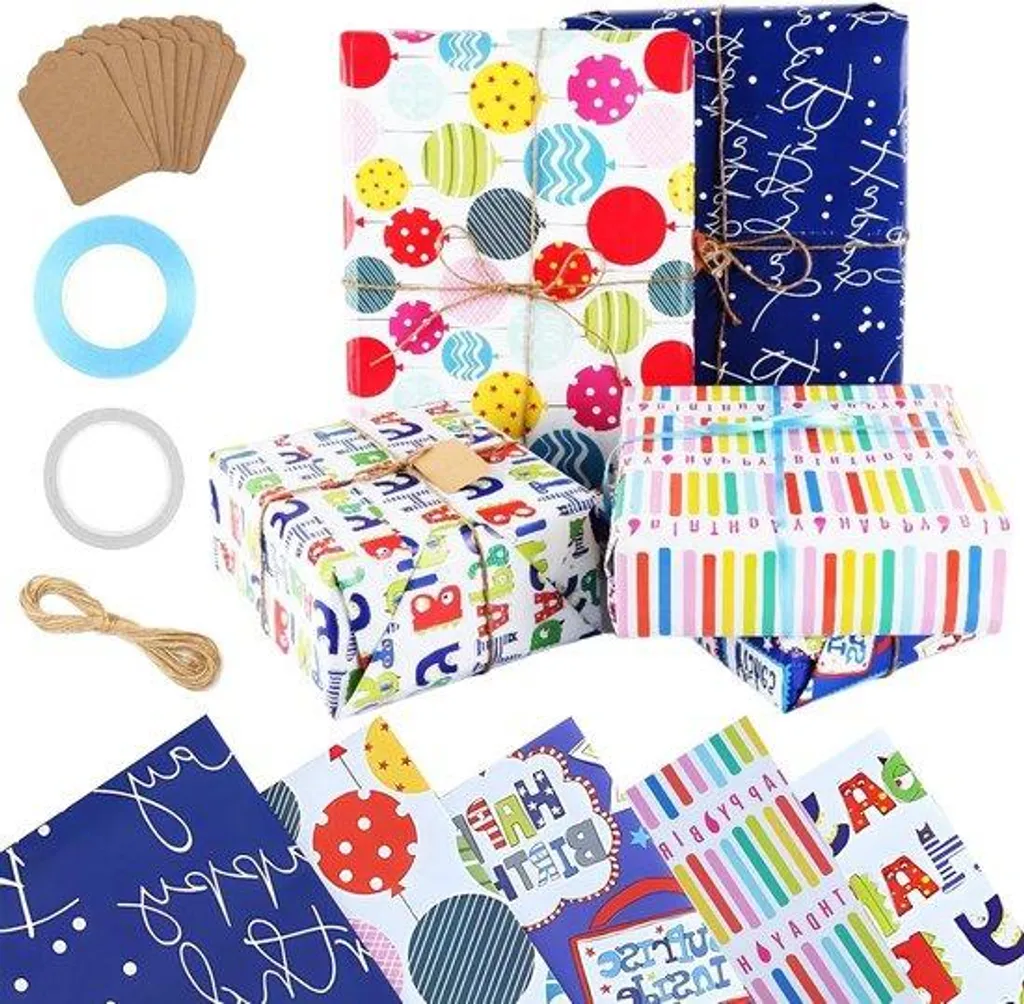 Papier Cadeau Enfant 10x50 cm - Lot de 5 Motifs Assortis Anniversaire