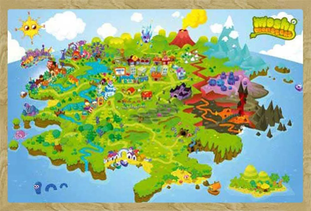 Tableau Carte du Monde Enfant Moshi Monsters sous Cadre Bois MDF Hêtre