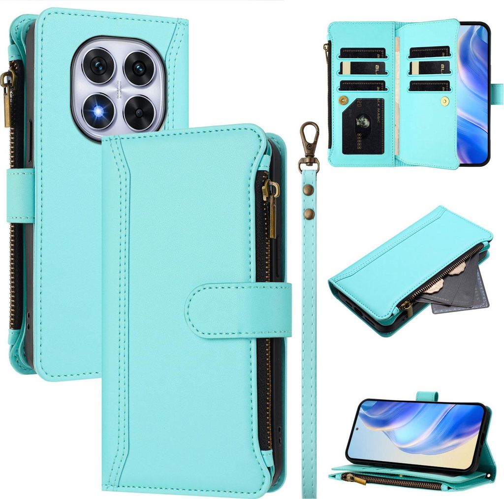 Handyhülle für Xiaomi Redmi Note 14 Pro 4G Reißverschluss Geldbörse Kunstleder Klapphülle mit Kartensteckplatz, Ständer, Handschlaufe Türkis