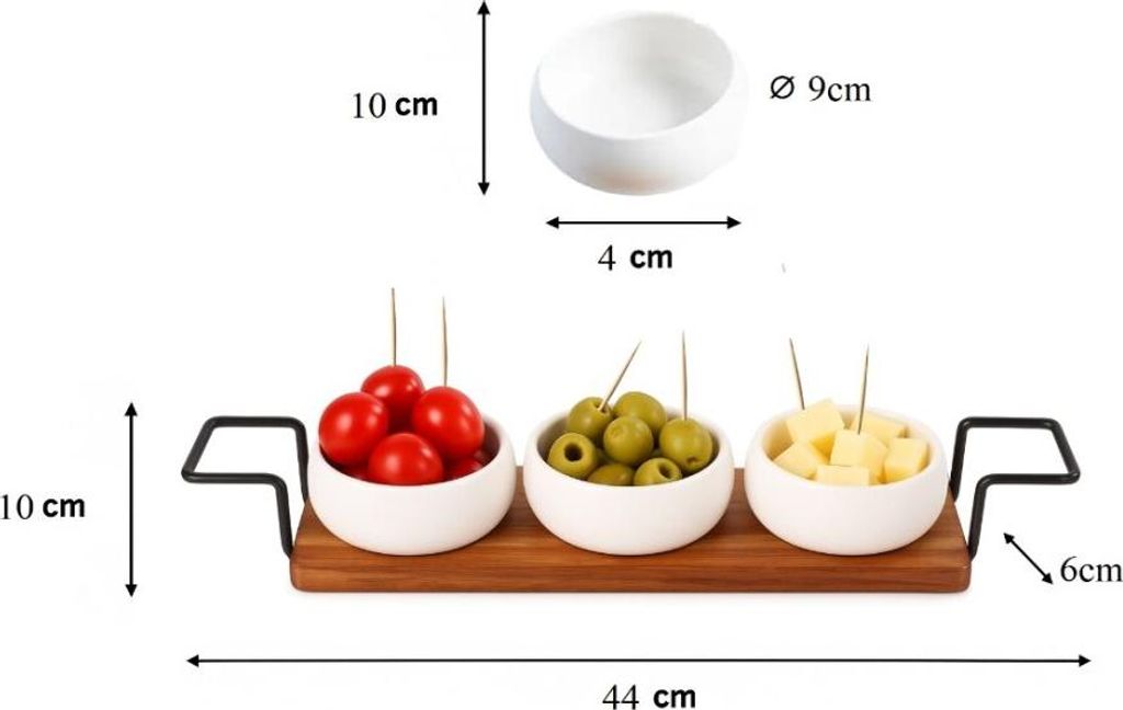 4-teiliges Dip-Schalenset mit Bambusbrett - Servierset mit Keramikschalen