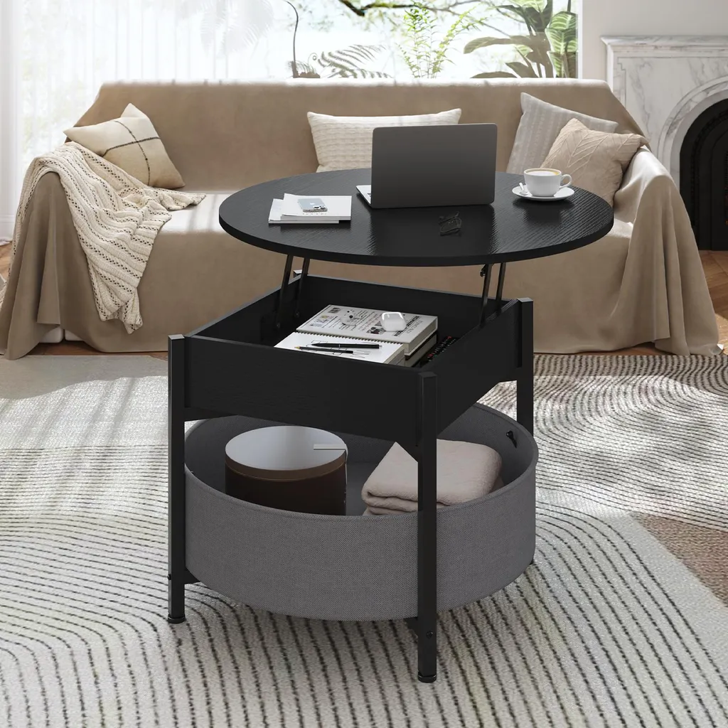 Table basse KIMENICH ajustable noire avec panier de rangement souple