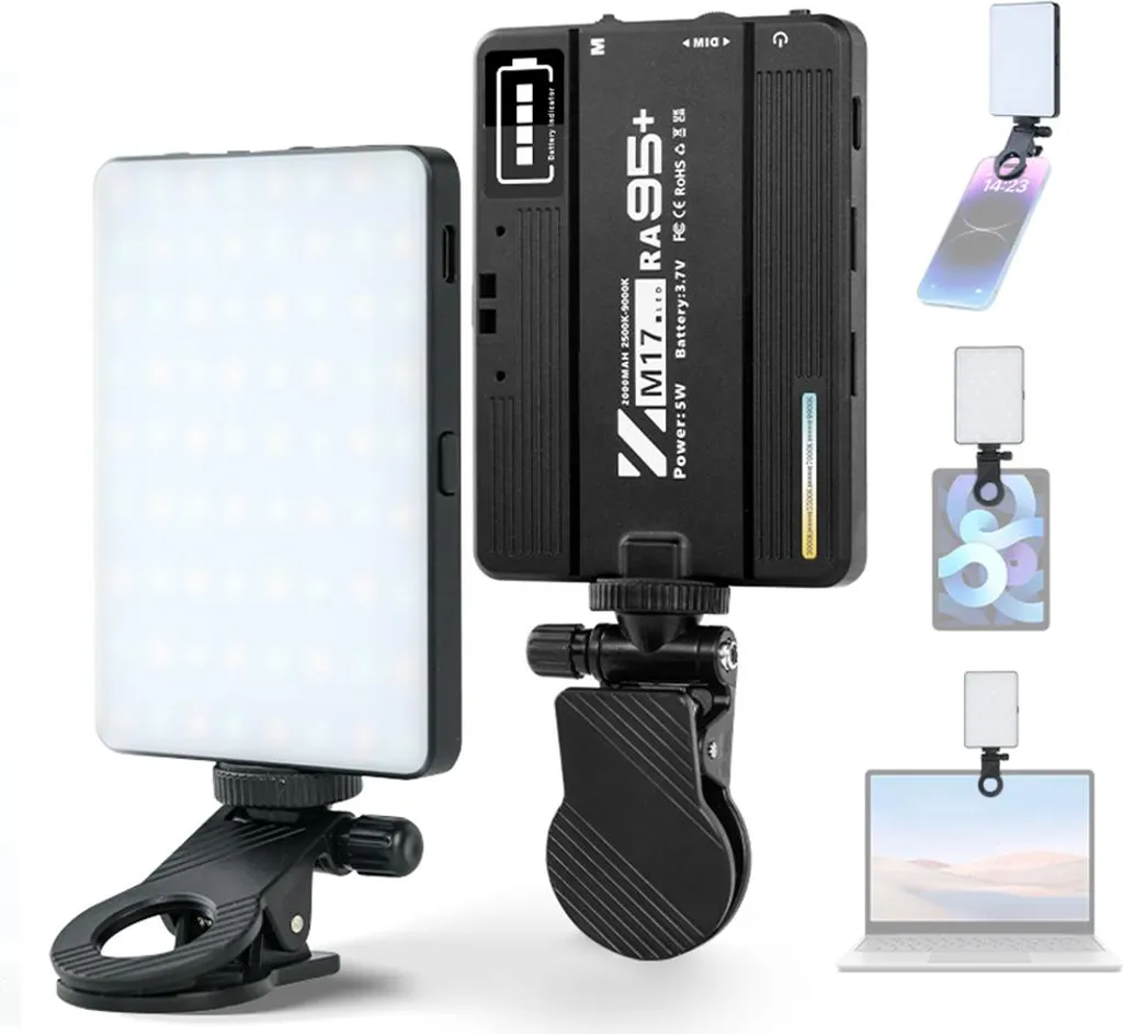 Luce LED tascabile per video, riempimento fotografico, 2500 K-9000 K, dimmerabile, per conferenze, per computer, tablet, cellulare, fotocamera DSLR, batteria ricaricabile integrata con supporto, clip per schermo, adattatore cold shoe - 2