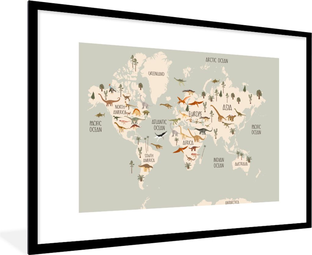 MuchoWow Gerahmtes Poster Weltkarte Kinder - Dino's - Kinder - Jungen - Mädchen - Kinder 90x60 cm - Poster mit Schwarzem Bilderrahmen Wandposter...