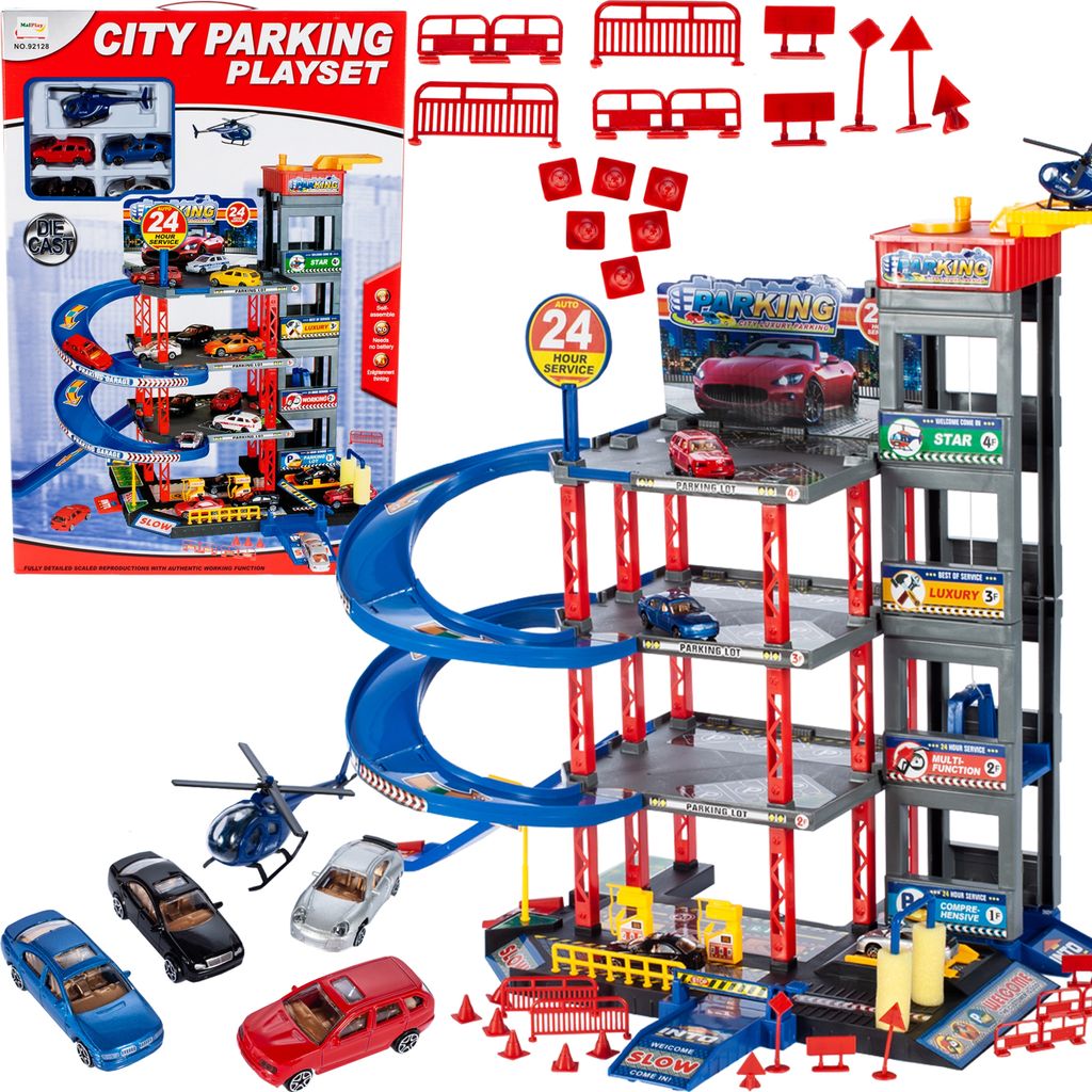 MalPlay Parkplatz Parkhaus mit 4 Spielzeugautos und Produktbild 