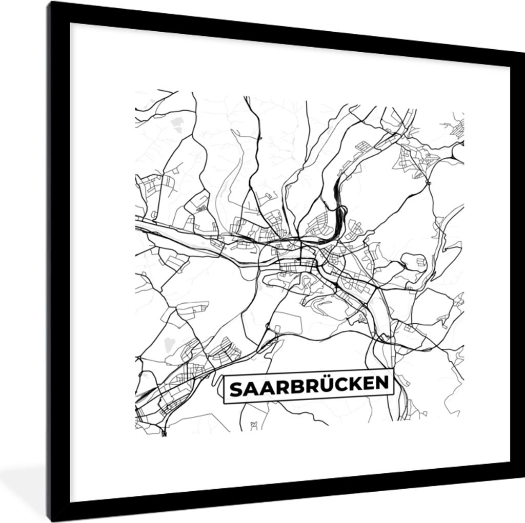 MuchoWow Gerahmtes Poster Karte - Saarbrücken - Karte - Stadtplan 40x40 cm - Poster mit Schwarzem Bilderrahmen Wandposter Rahmen Foto Bilder - P...