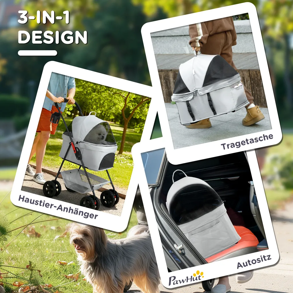 PawHut passeggino per cani 3 in 1 box per cani pieghevole, borsa da trasporto pieghevole con portabicchieri, passeggino per cani, passeggino per gatti con ruote a 360° passeggino per gatti per mini cani sotto i 4 kg, grigio chiaro - 4