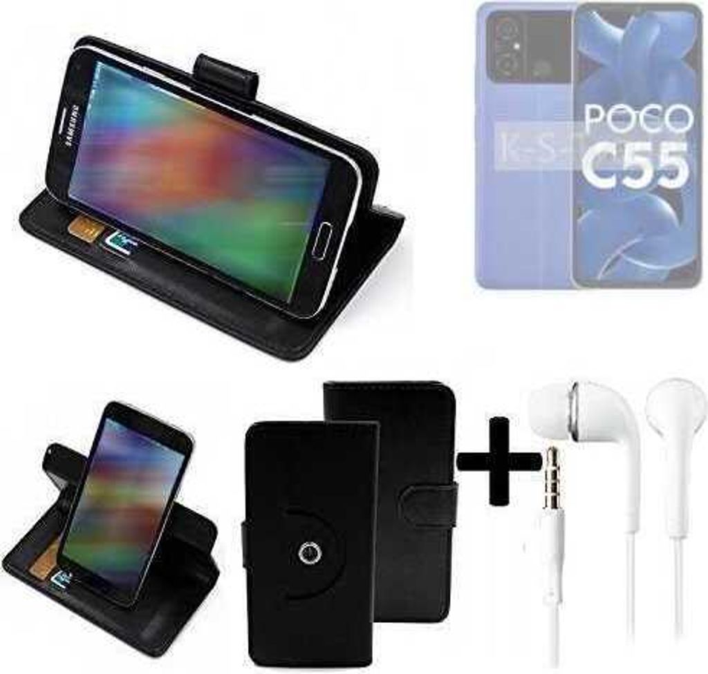 K-S-Trade Handy Hülle Schutz Hülle + Kopfhörer kompatibel mit POCO C55 Handyhülle Flipcase Smartphone Cover Handy Schutz Tasche Walletcase schwarz