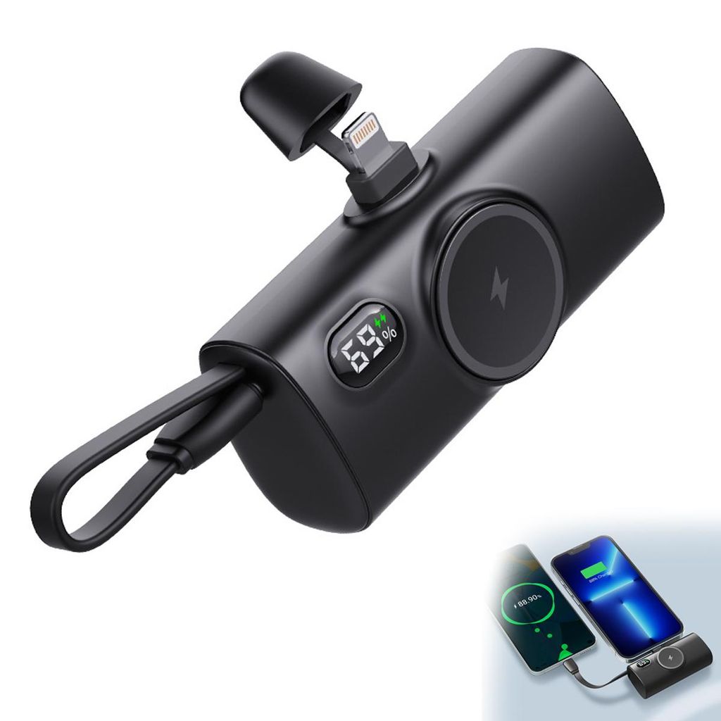 Kabellose Kapsel Powerbank 5000mAh,magnetisch,Tragbares Ladegerät für Apple Watch und Handy, mit Type-C und Lanyard-Design