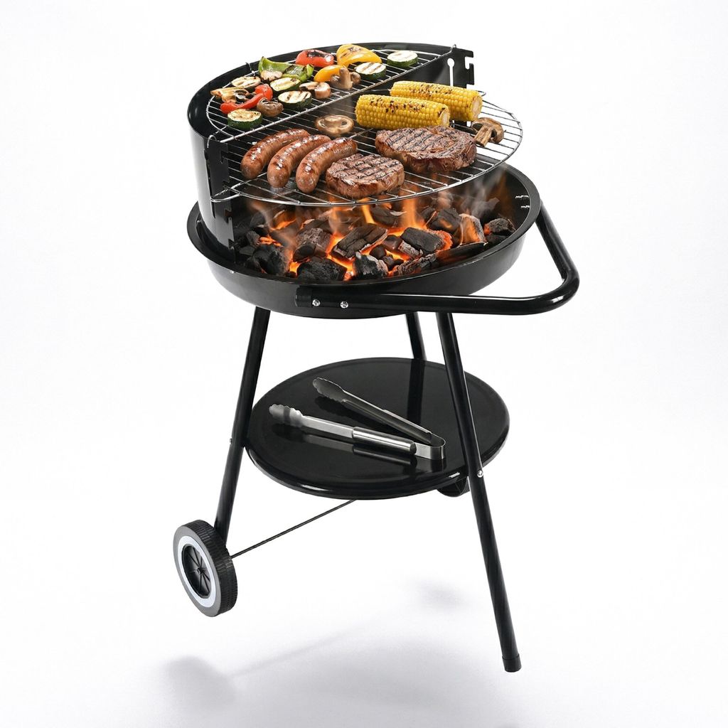 Relaxdays Holzkohlegrill mit Rollen, Ø 47 cm, Garten & Park, Windschutz, Ablage, Warmhalterost, Rundgrill, schwarz