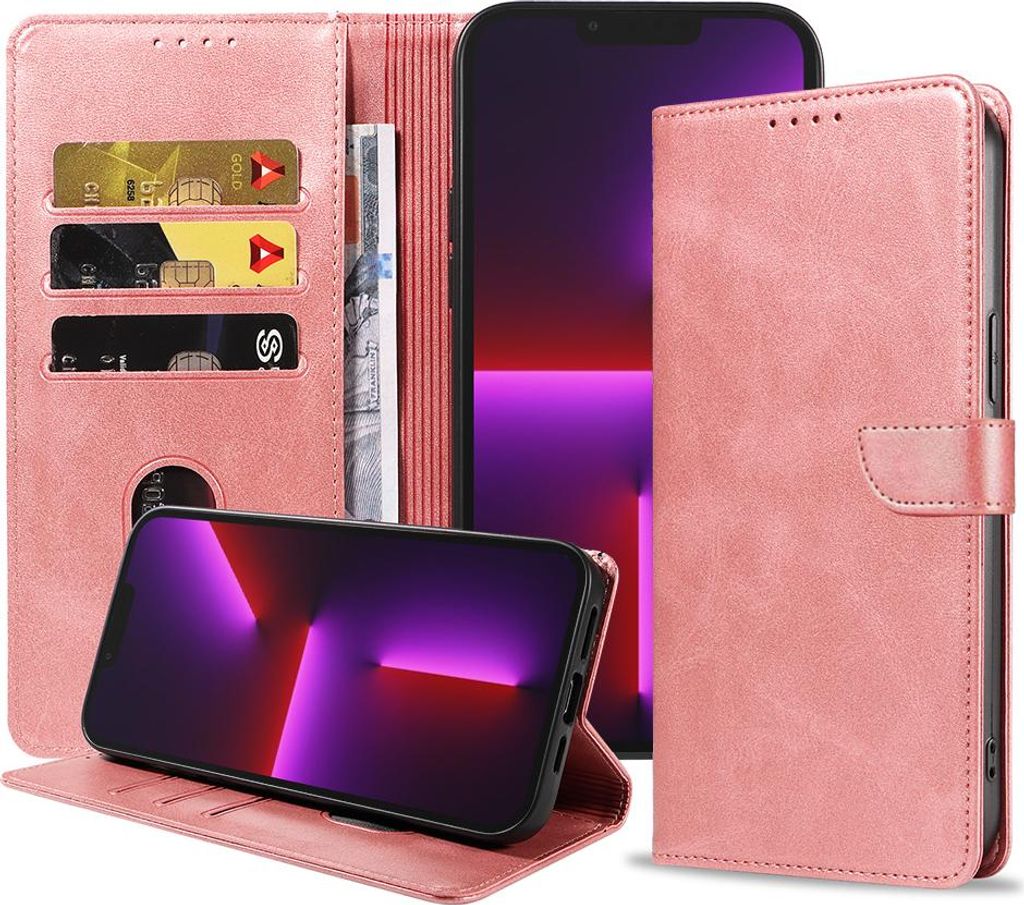 Geeignet für iPhone 13 Pro Max Handytasche Kunstleder mit magnetischer Lippe und Kartenhalter Buchhülle mit Klappe - Pink - Smartphonica