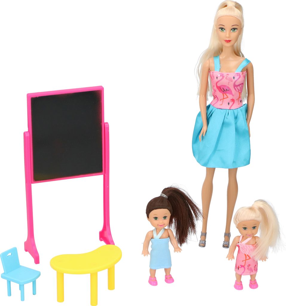 Eddy Toys Set Puppen - Thema Schule - 1 große Puppe, 2 kleine Puppen - mit Tafel, Tisch und Stuhl - 29 CM