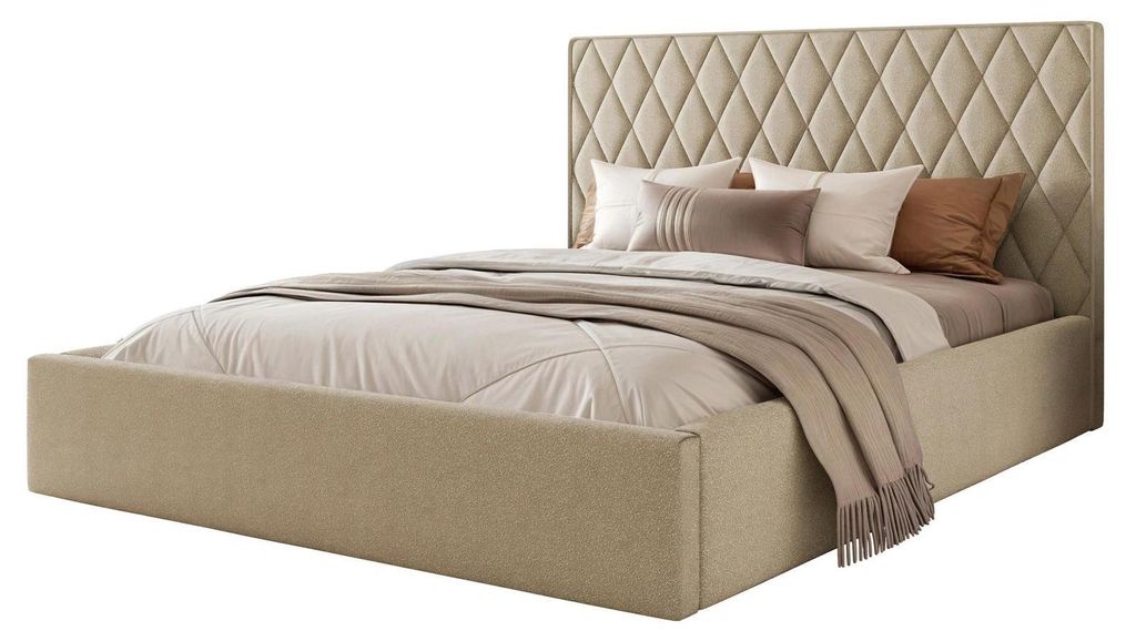 Polsterbett PONTI 200x200 Beige Boucle Strukturstoff mit Bettkasten & Lattenrost Kompakt