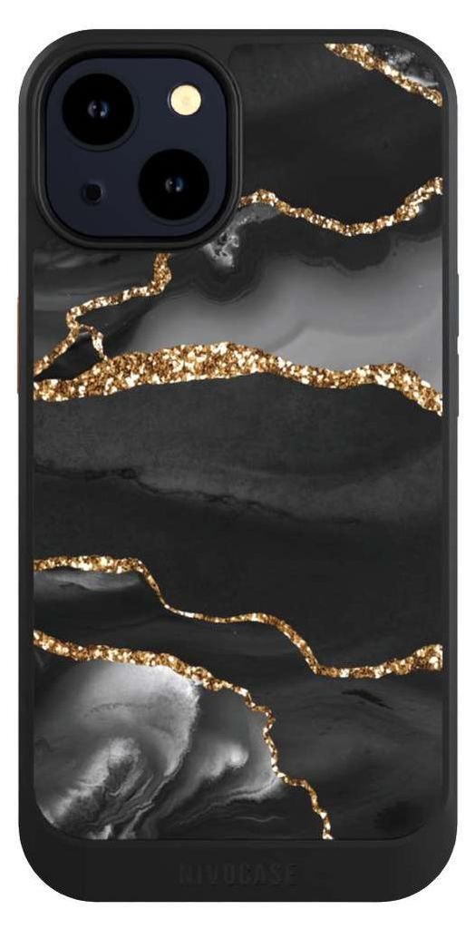 NIVOCASE Hülle für Apple iPhone 14 Handyhülle NIVOcore Case Schwarz Glitzer Look Marmor Muster