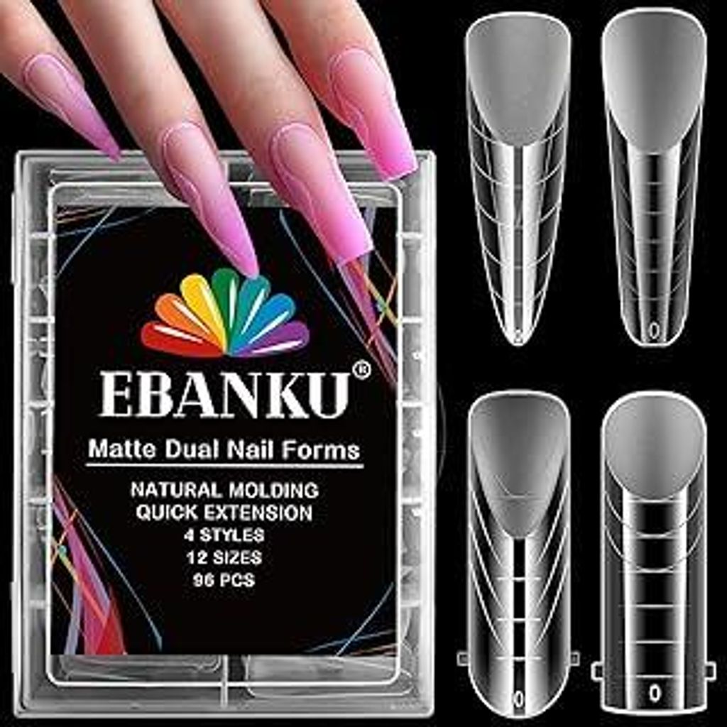 EBANKU 96 PCS Klare Matte Dual Nail System Form Mould Acryl Sarg Nagel Erweiterung Tipps Nail Art Maniküre Werkzeuge 12 Größen mit Skala(4 Stile)