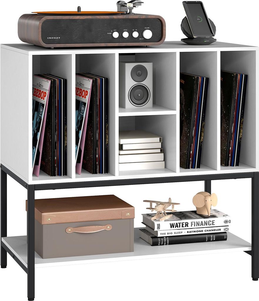 COSTWAY Plattenspielerständer, Beistellschrank mit Ladestation&Vinyl-Aufbewahrung, Aufbewahrungsschrank , Vinyl-Display-Regal 80x45x79,5 cm Weiß