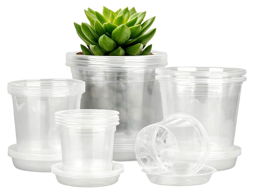 Transparente Pflanztöpfe – 20er-Pack mit Abflusslöchern und Untersetzern, leichtes, wiederverwendbares Design | Töpfe für Sukkulenten, Orchid...