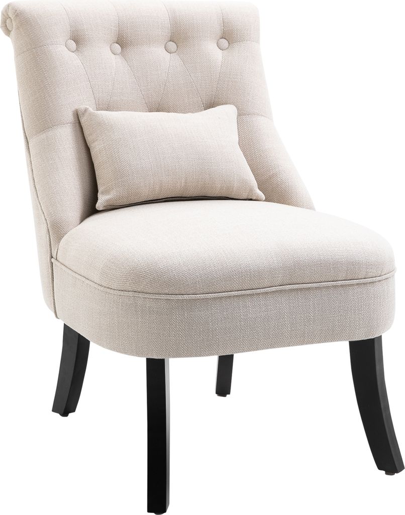 A cream-colored accent chair with a small lumbar pillow and tufted back, shown against a white background.