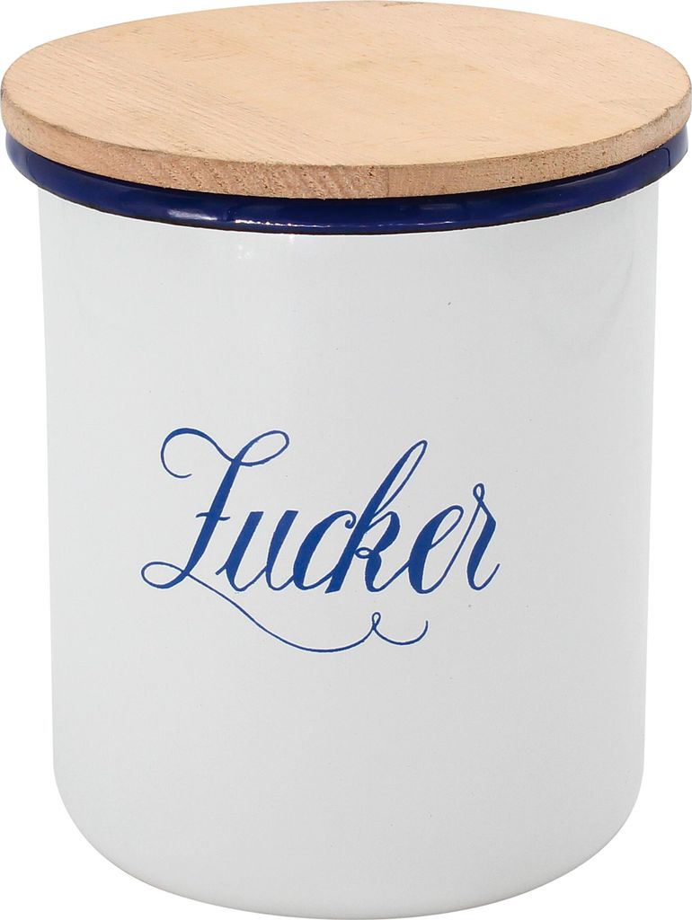 Krüger Vorratsdose Zucker Emaille, mit Holzdeckel Ø 12 cm, H 15 cm, weiß/blau/natur