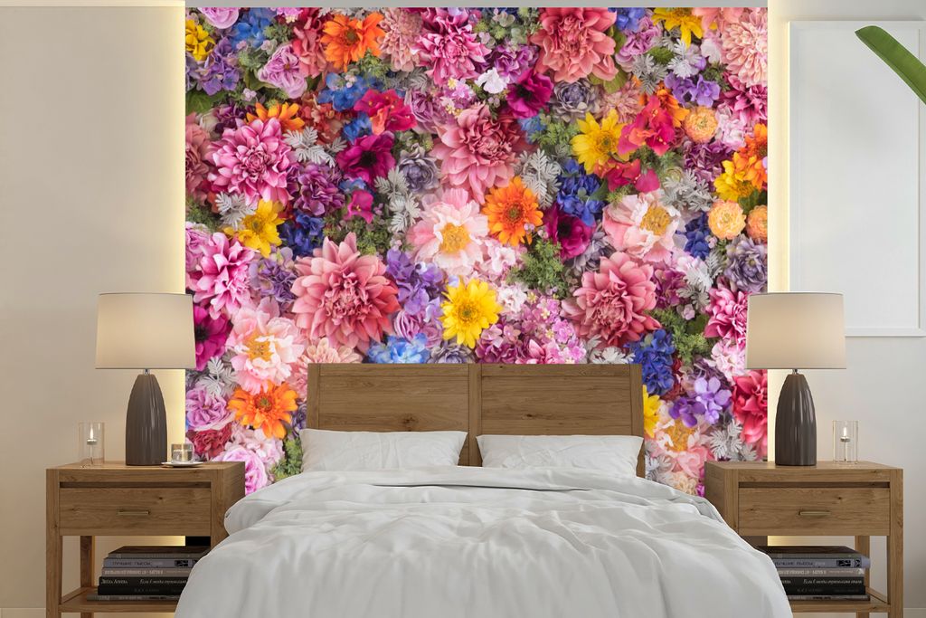 MuchoWow Fototapete für Wohnzimmer oder Schlafzimmer Wandtapete Vinyl Motivtapete Blumen - Farben - Collage - 220x220 cm - Tapeten