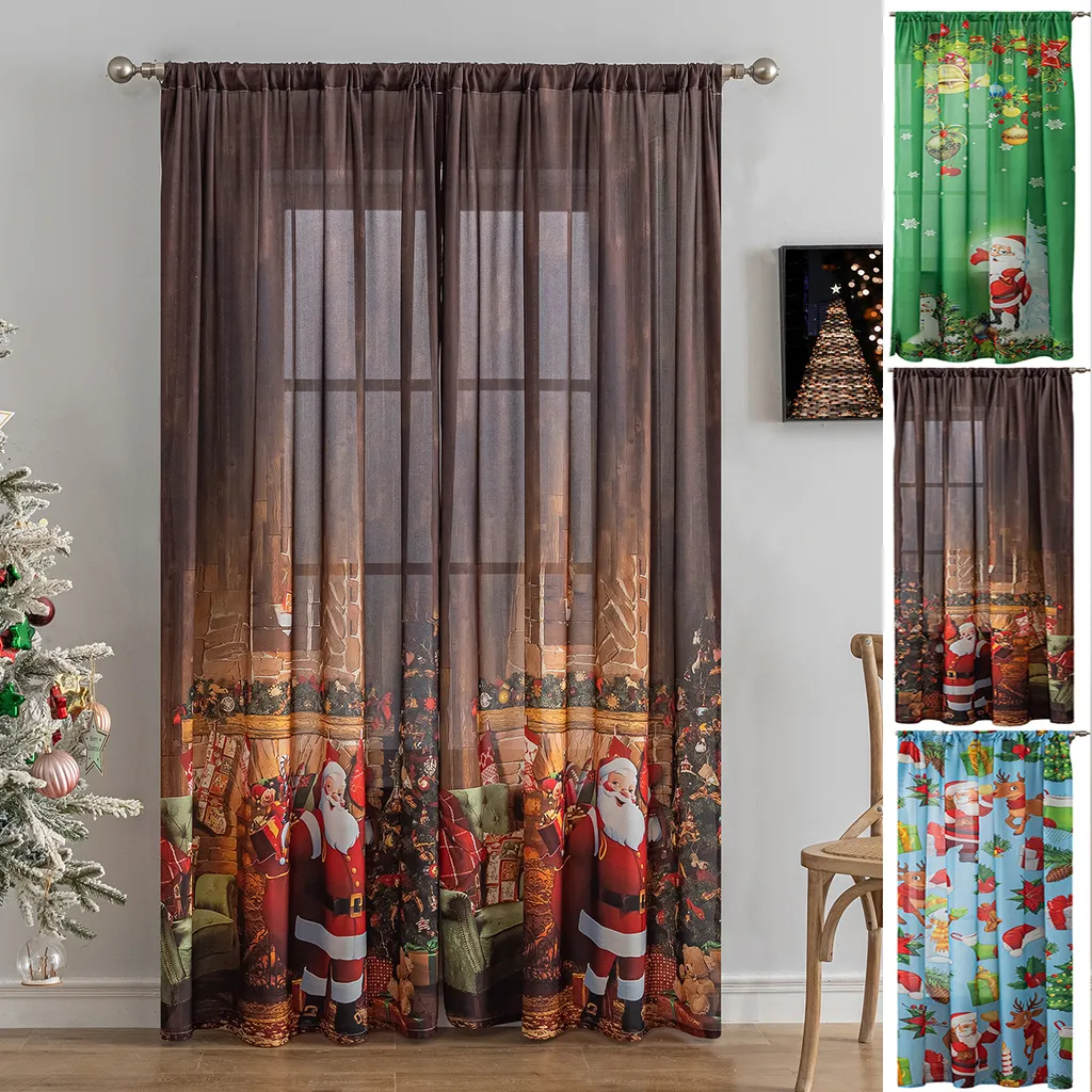 Rideaux de Noël semi-transparents marron 132x241cm à motifs festifs x2