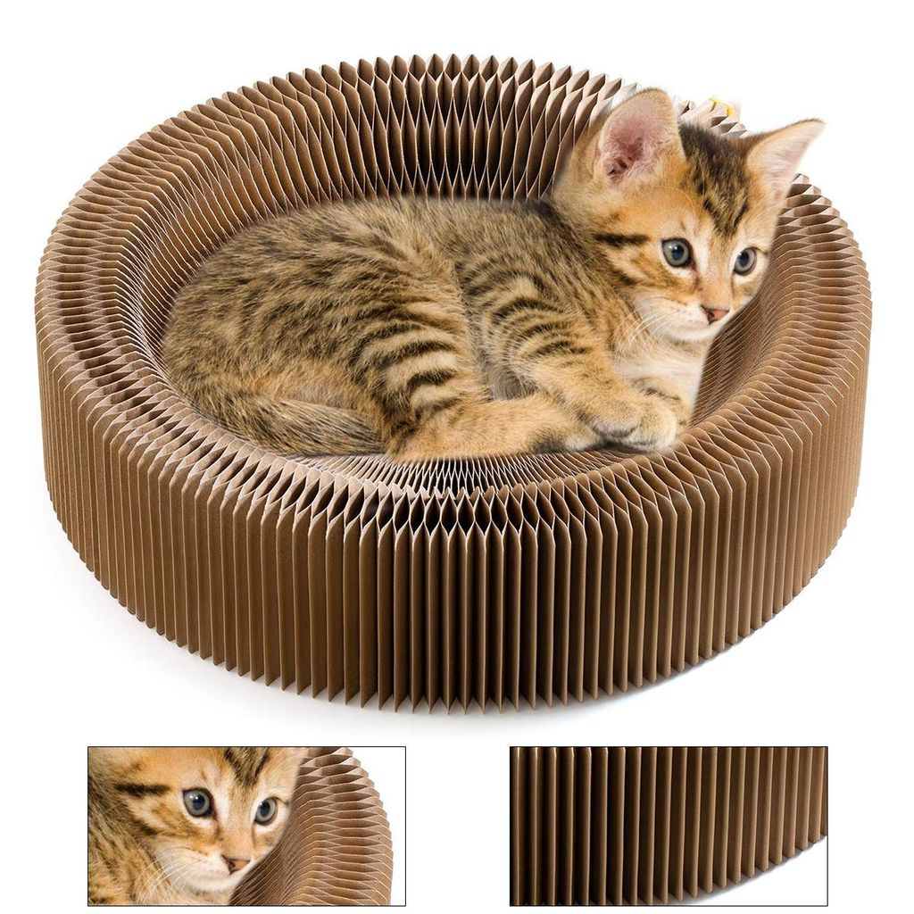 Zusammenklappbares Katzenkratzbett, Katzenbett aus Karton, Kratzkissen für Haustiere aus Wellpappe, rundes Kratzbett für große Kätzchen im Inne...