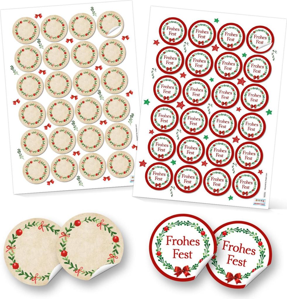 SET 2 x 24 runde Aufkleber Weihnachten 4 cm in Rot, Grün, Natur, Weiß und Beige