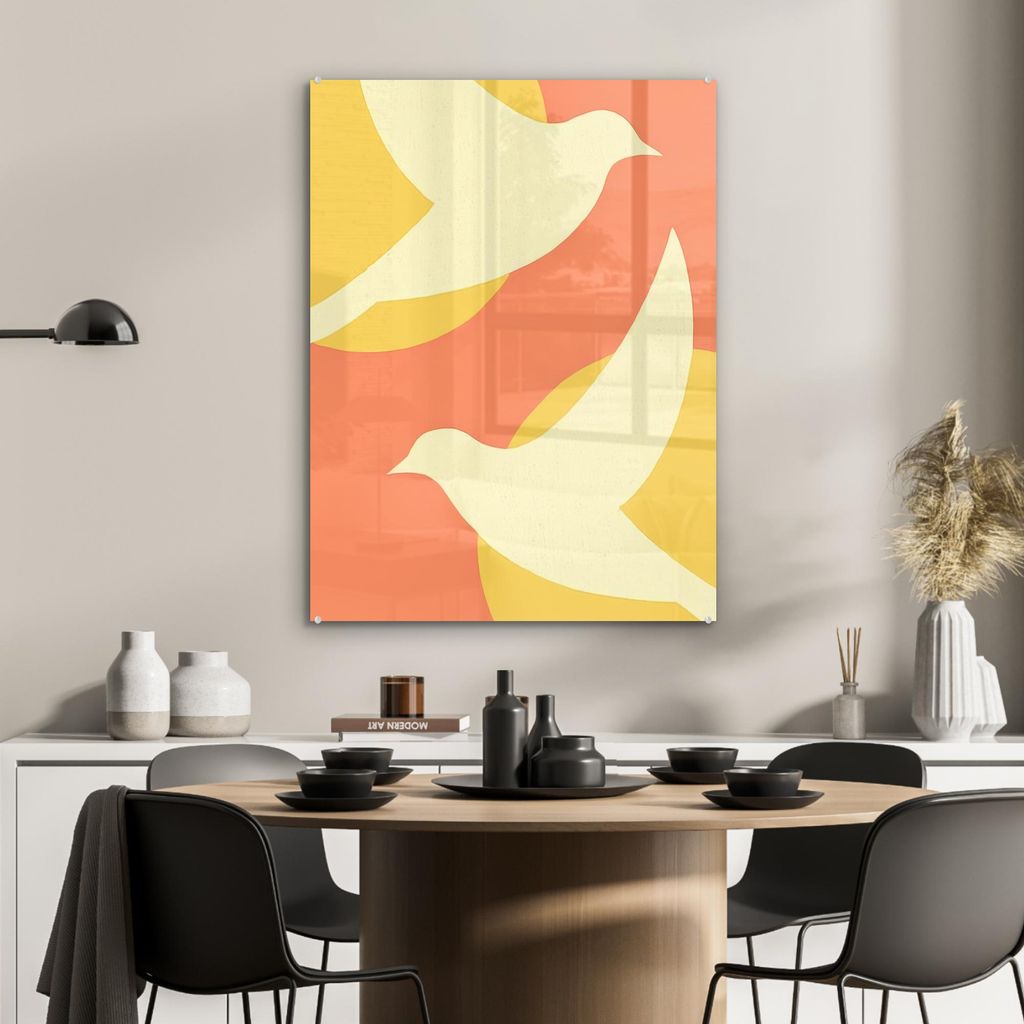 MuchoWow Glasbilder - Bilder auf Wandbild - Foto auf Glas Vögel - Kreise - Gelb 60x80 cm Wanddekoration aus Glas - Acrylglasbild - Acrylbilder - Foto