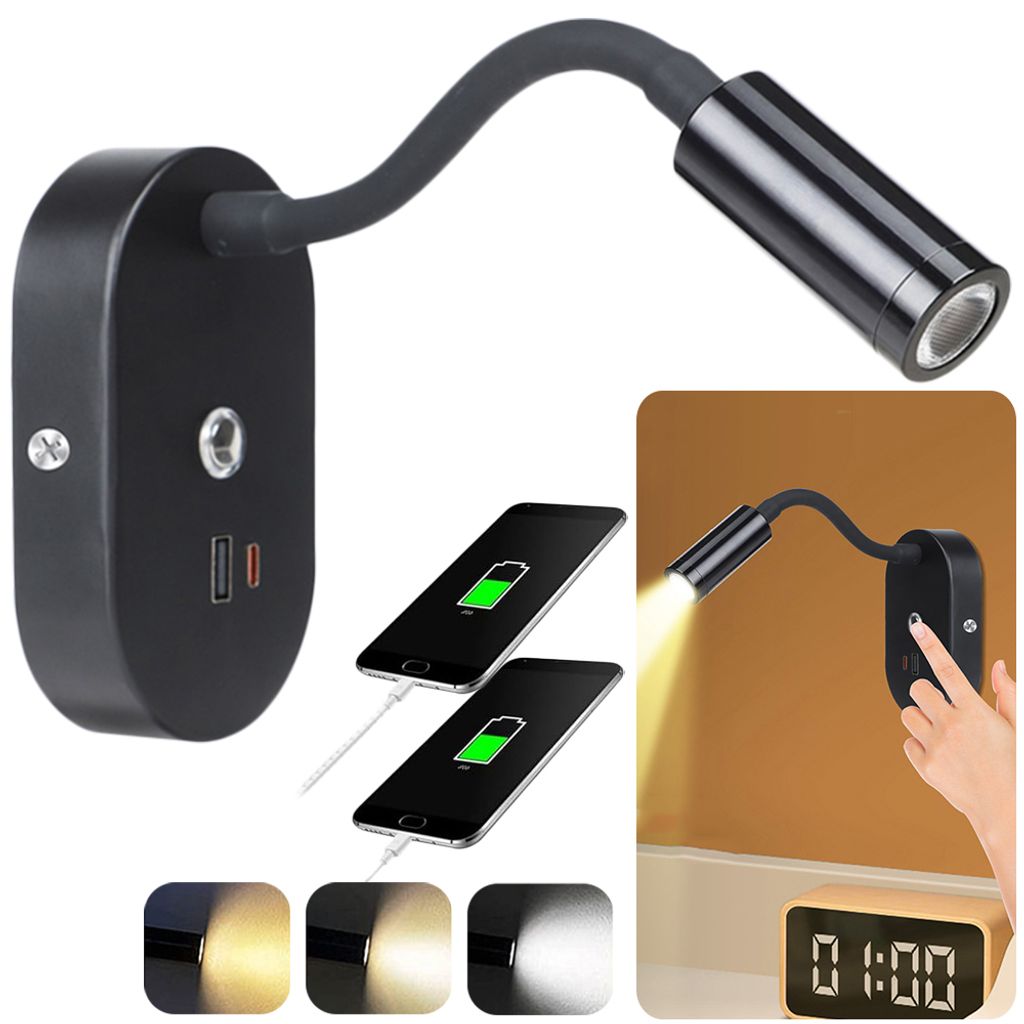 Schwarz Led Wandleuchten 12–24V,1x Schwanenhals Lampe Leselampe Wand Mit Schalter Dimmbar Und Usb-Ladeanschluss Für Schlafzimmer Nachttisch Wohn...