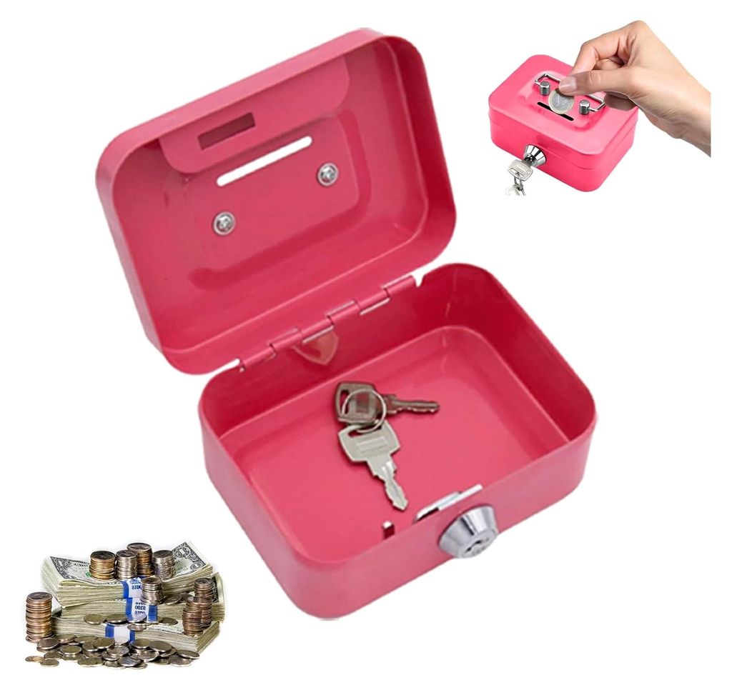 Kleine Geldkassette, sicherer Tresor mit 2 Schlüsseln, 11,5 x 8,5 x 5,8 cm, abschließbar, Metallschließfach mit Tastensperre (Rosa)