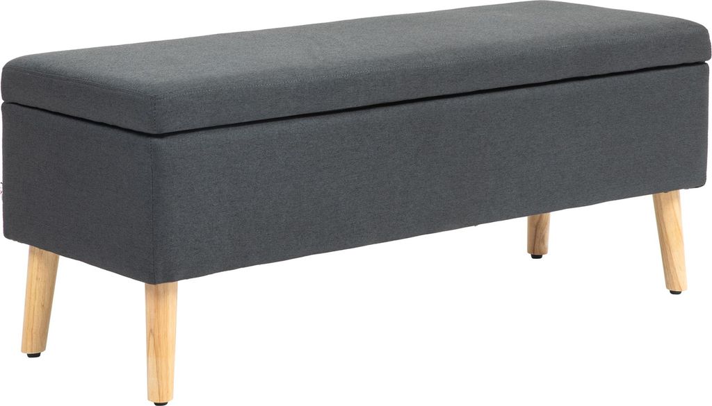 Polsterbank mit Stauraum, Bettbank in Leinenoptik, Kautschukholz, 110 x 39 x 45 cm, Dunkelgrau