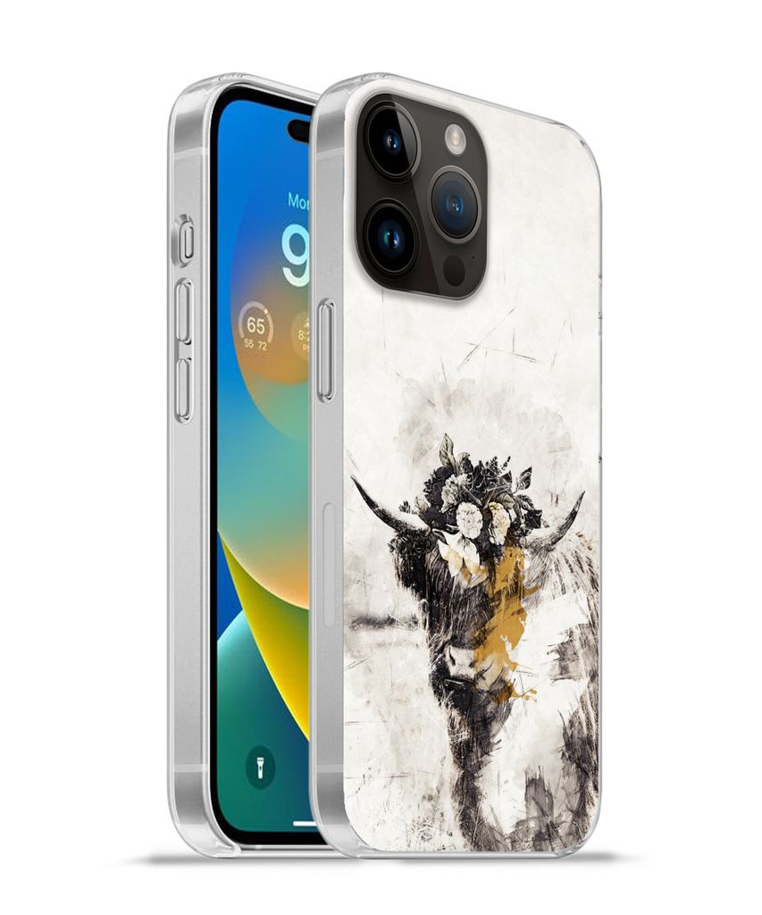 MuchoWow Handyhülle Schutzhülle Hülle für Apple iPhone 14 Pro - Softcase Schottischer Highlander - Farbe - Blumen Silikon Softcase Handy Hül...