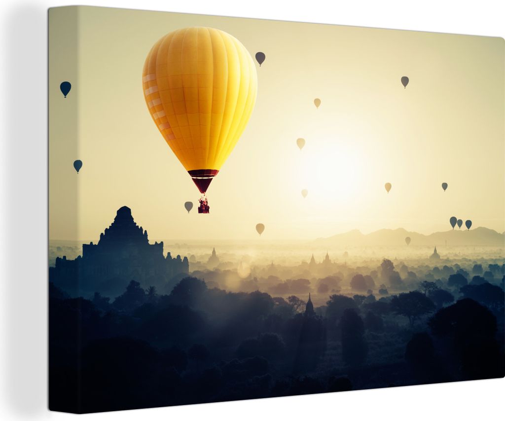 OneMillionCanvasses - Leinwandbilder - 140x90 cm, Heißluftballon - Nebel - Myanmar, Wandbilder Kunstdruck Wanddekoration - Foto auf Leinwand - G...