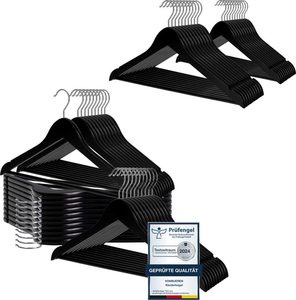 VonBueren 50 x Kleiderbügel Holz schwarz | 44,5 x 22 cm je Bügel/Holzbügel | Holzkleiderbügel schwarz | 360 Grad drehbar