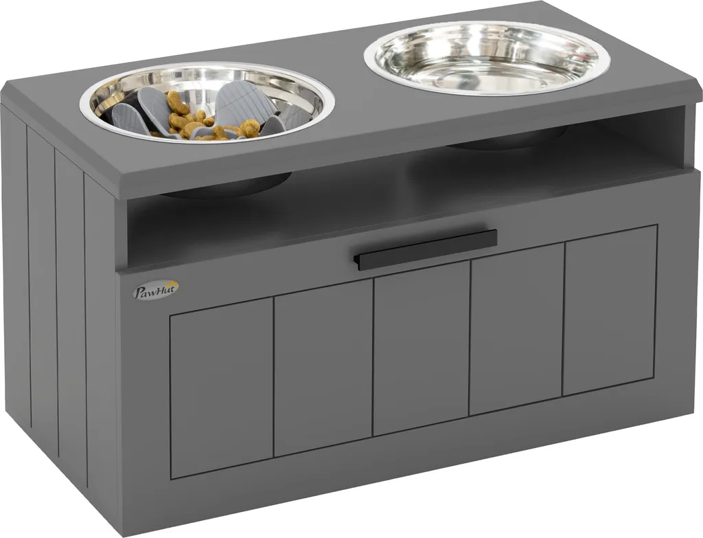 Mobiletto Ciotole Cani Design PawHut Grigio: 25L Storage e Inox