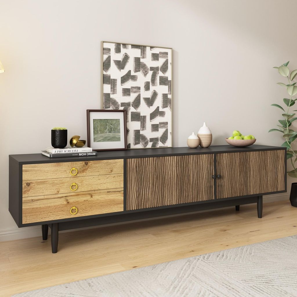 Merax TV-Schrank 180 cm mit 2 Türen und 3 Schubladen, TV Lowboard mit Wellenmuster und Soft-Close, Massivholzbeine, Stauraum, Schwarz und Holz