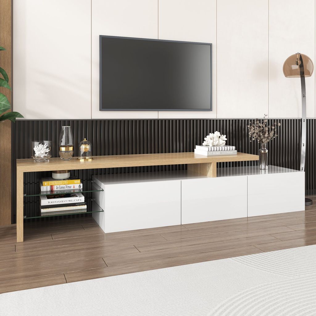 Modernes TV-Schrank-Design 160x39x42 cm Stilvolle Eleganz praktischer Stauraum Hochglanz Weiß Holzoptik Glasböden LED-Beleuchtung