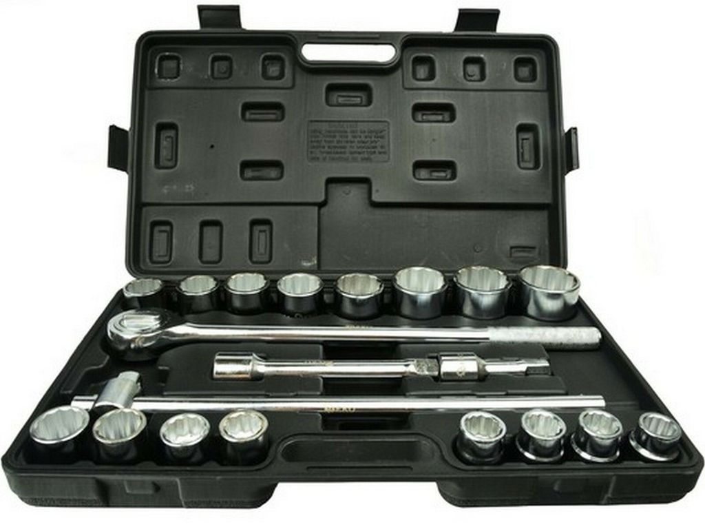 A black plastic toolbox containing a set of silver metal sockets and a ratchet wrench.