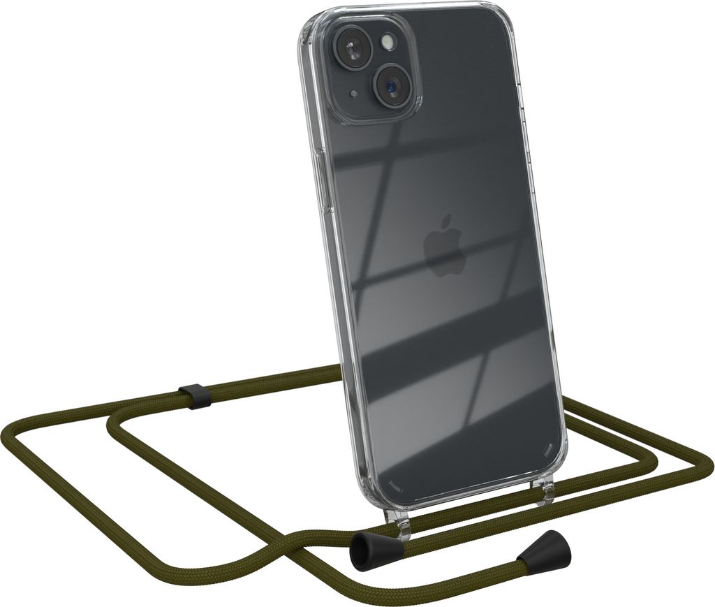 EAZY CASE Handykette kompatibel mit Apple iPhone 15 Plus, Handyhülle mit Umhängeband, Handykordel, Schutzhülle Clear, Band in Grün