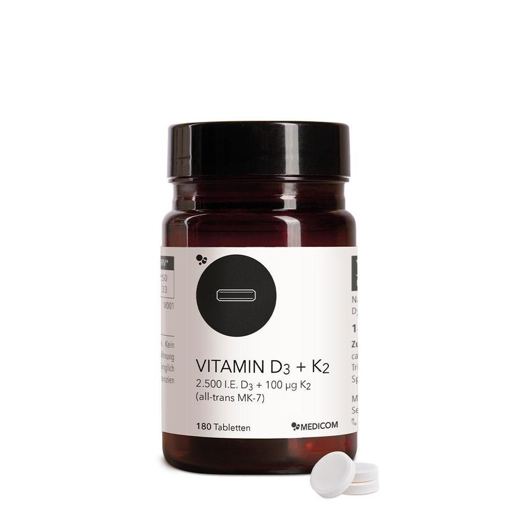 Medicom Vitamin D3 + K2 mit Vitamin D3 und all-trans MK-7 Vitamin K2, 180 Tabletten, zur normalen Funktion des Immunsystems bei