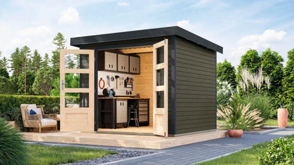Gartenhaus Karibu Metalwood 3B Blech anthrazit 266 x 236,5 cm terragrau