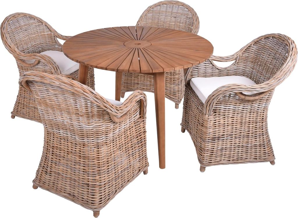 Garten-Sitzgruppe ELODIE 5-tlg. Rattan - Akazie, Braungrau | Gartenmöbel-Set Gartengarnitur Garten-Essgruppe mit Stühlen und Esstisch