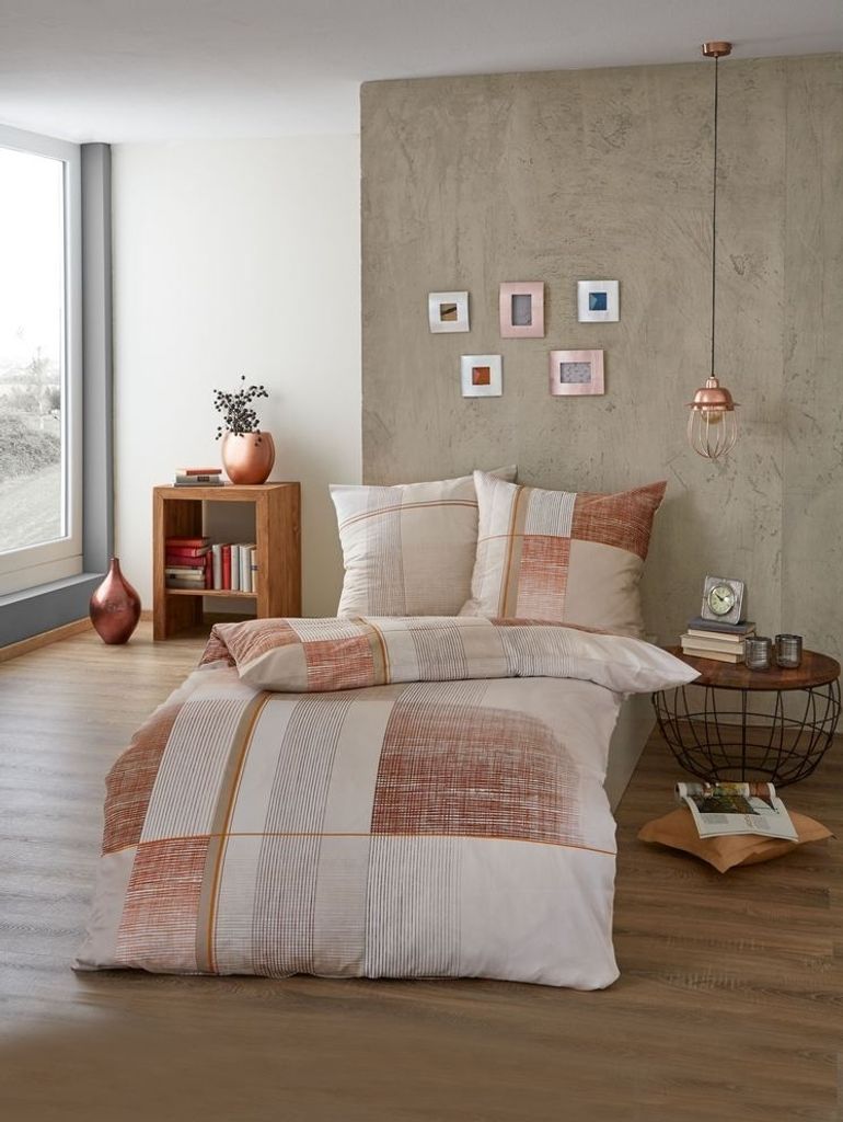 Kaeppel Mako-Satin Bettwäsche Weave Kariert Beige 100% Baumwolle Reißverschluss Bettbezug Kissenbezug Bettgarnitur Bettwäsche-Set 135x200 cm Karmin