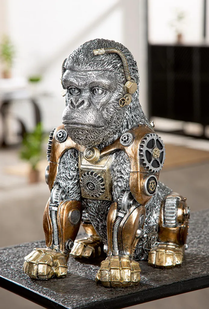 Figurine Gorille Steampunk GILDE en Résine Argentée Déco Loft 31 cm