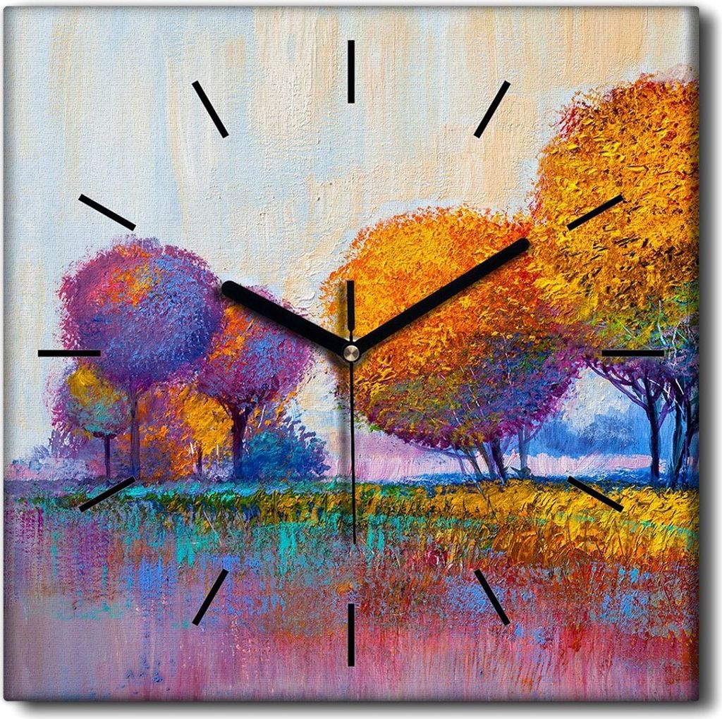 Coloray Uhr auf Leinwand 30x30 cm Wand Uhr Dekoration Wohnzimmer Segeltuch schwarze Hände -Bunte Bäumewald