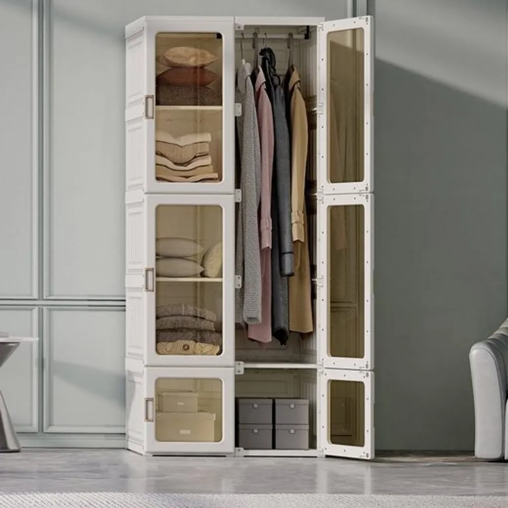 Armoire à vêtements pliable 6 portes transparentes et tringle incluse