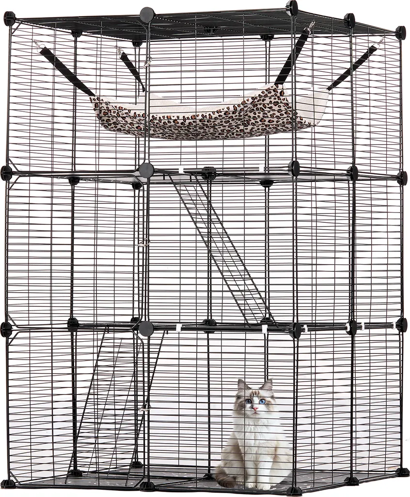 Cage Chat Robuste 3 Niveaux 104 cm de Haut avec Large Hamac de Repos