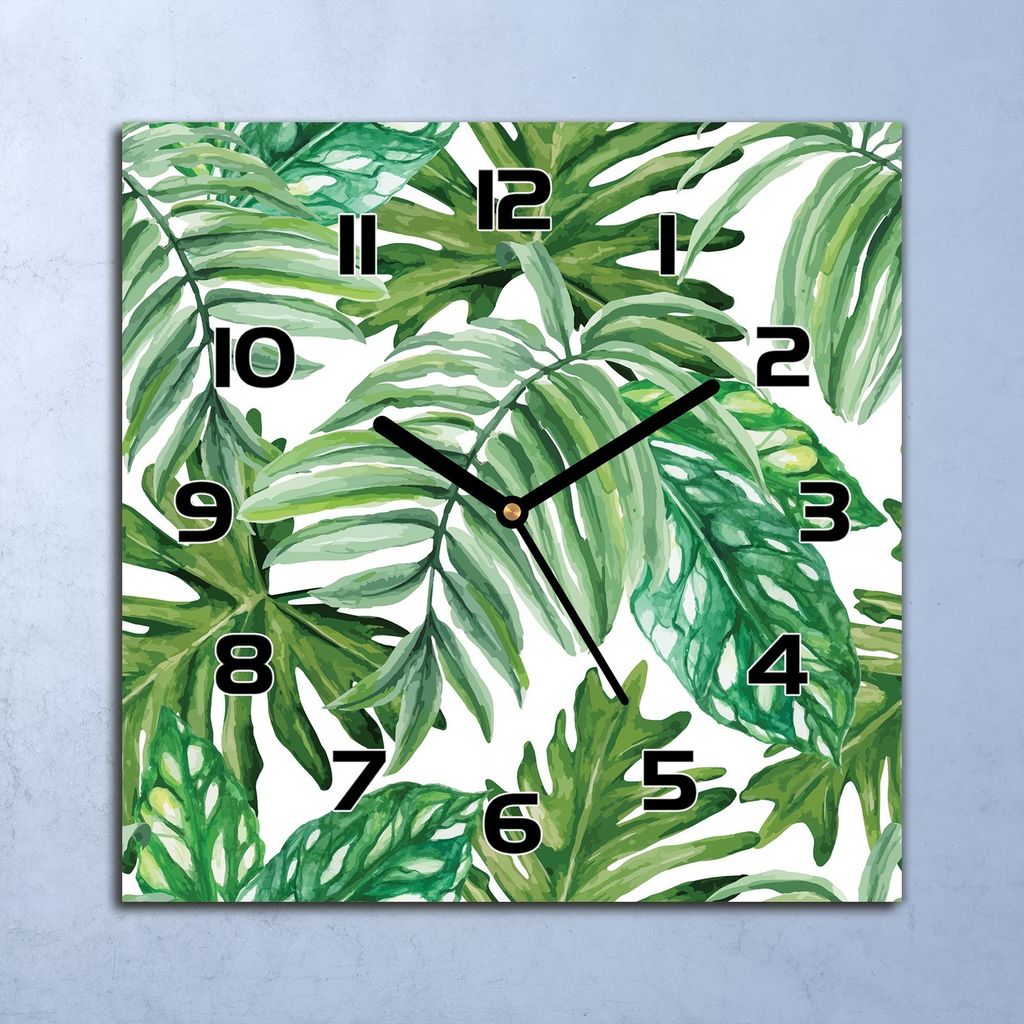 Wanduhr Echt-Glas-Küchenuhr Dschungel Blätter Quarz Lautlos 30x30 Deko Bilder