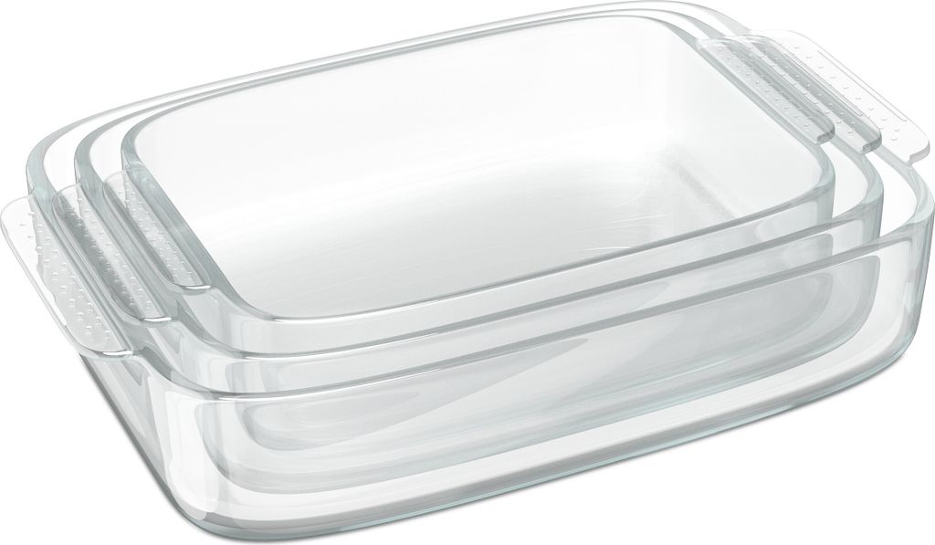 Relaxdays ovenschalen set, glas, 3 formaten, vierkant, Productafbeelding 
