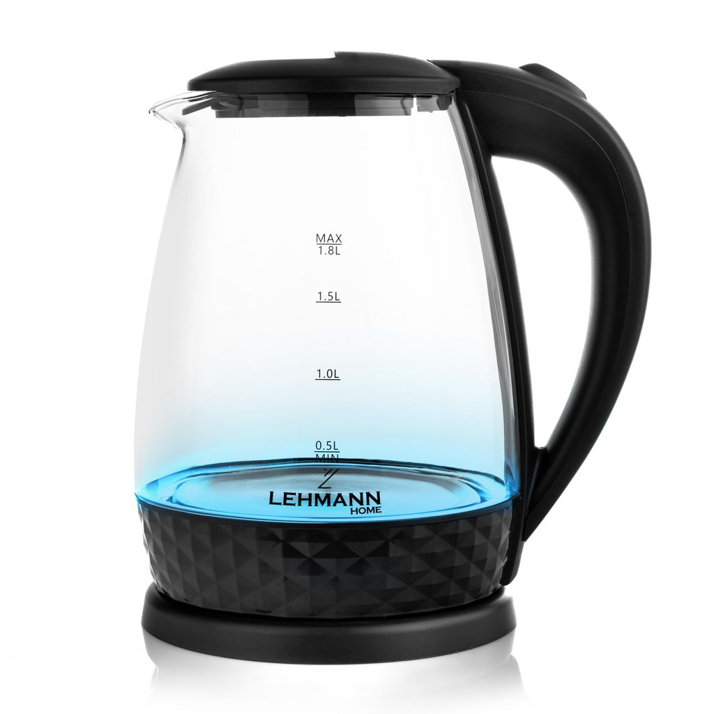 A glass electric kettle with a black lid, handle, and base, sitting on a white background. The kettle has blue illumination at the bottom.