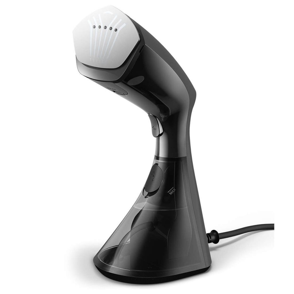 A black handheld garment steamer is shown against a white background.